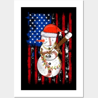 Christmas Snowman Playing Baseball Us Flag Xmas Background Posters and Art